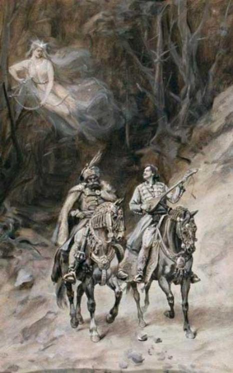 Mounted heroes from a Serbian epic poem, and vila Ravijojla from Serbian mythology, in a painting by Paja Jovanovi? inspied by the epic poem 